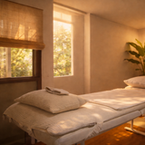 Cabine de soin relaxation, avec accessoireds de table de massages en coton nid d'abeille sur mesure fait au maroc
