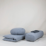 Bundle méditation gris en kapok naturel avec zafu traditionnel, zabuton 70x90 cm, bolster rectangulaire et eye pillow lavande