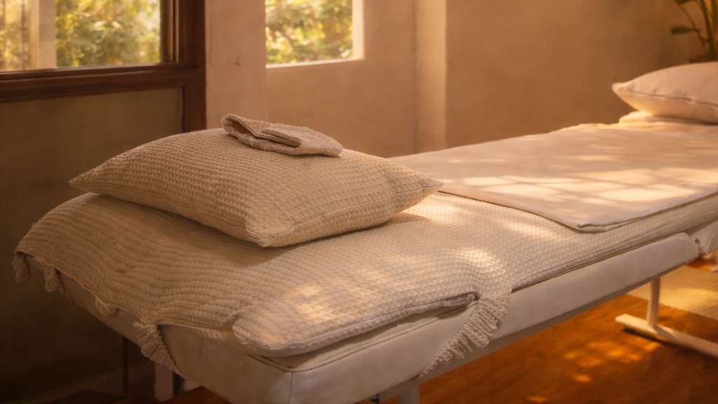 Cabine de soin relaxation, avec accessoireds de table de massages en coton nid d'abeille sur mesure fait au maroc