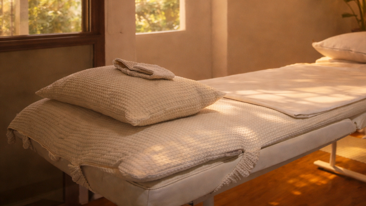 Cabine de soin relaxation, avec accessoireds de table de massages en coton nid d'abeille sur mesure fait au maroc